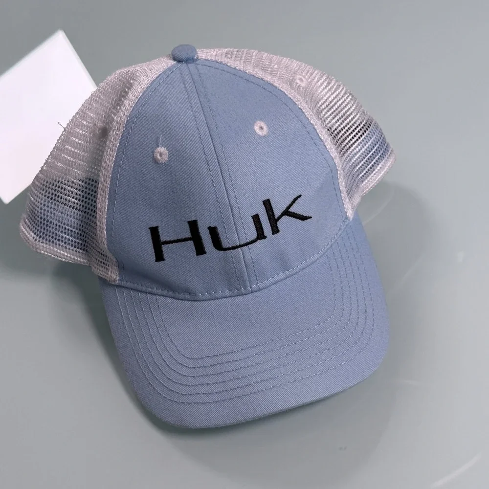 HUK Fishing Trucker Hat Mens One Size Adjustable Snapback Cap Blue White Mesh
